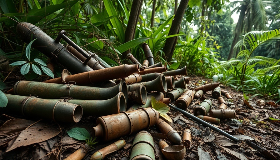 WWII explosives in Solomon Islands amid jungle foliage.