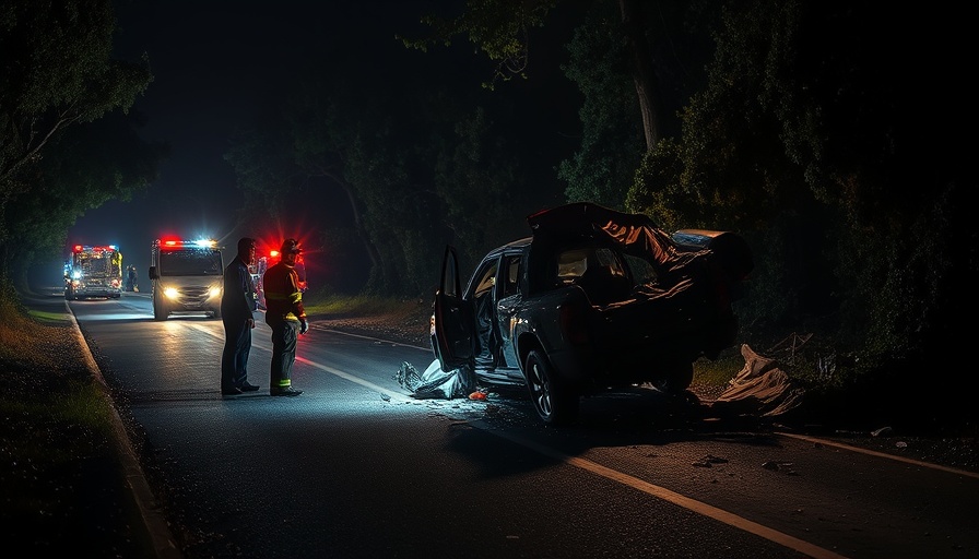 Night road accident scene with responders, Tesla fatal crash accountability.