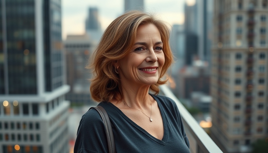 Mature woman smiling on a balcony with cityscape view, city buildings in the background.