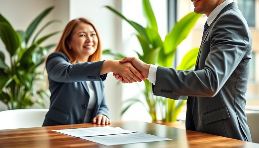 Businesswoman and businessman shaking hands over a contract in a bright office setting