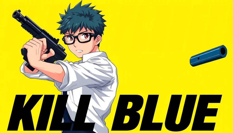 KILL BLUE anime adaptation poster featuring young male with gun and glasses.