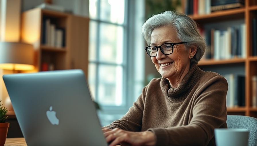 Elderly woman smiling while using laptop in office, starting a corporation.