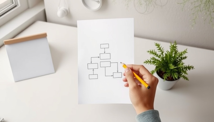 Hand-drawn flowchart held by a hand next to a plant symbolizing free workflow management software.