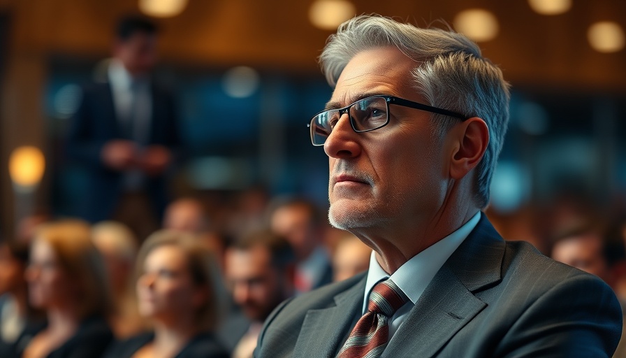 Middle-aged male in a suit focused at a conference with warm lighting.