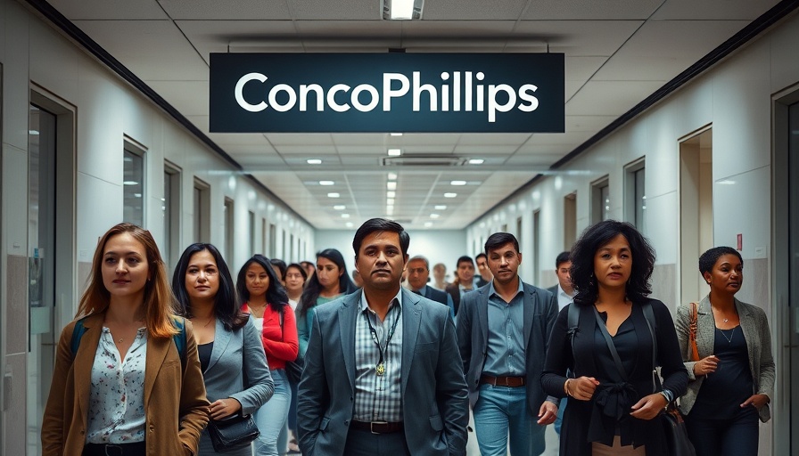 People walking under ConocoPhillips sign, symbolizing oil industry layoffs 2025.
