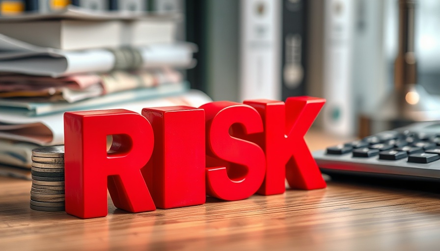 Financial risk management concept with calculator, money, and risk blocks.