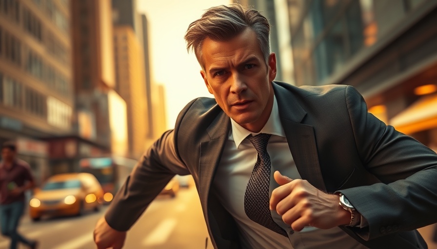 Dynamic man in suit running in city, showcasing CEO addiction to busyness.