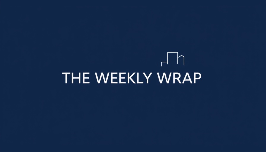 Minimalistic logo with buildings and 'The Weekly Wrap' text on blue.