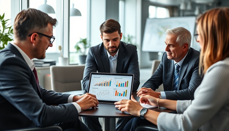 Financial planning and management meeting with charts and graphs on laptop.