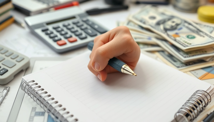 Financial planning scene with calculator, notebook, and dollar bills.