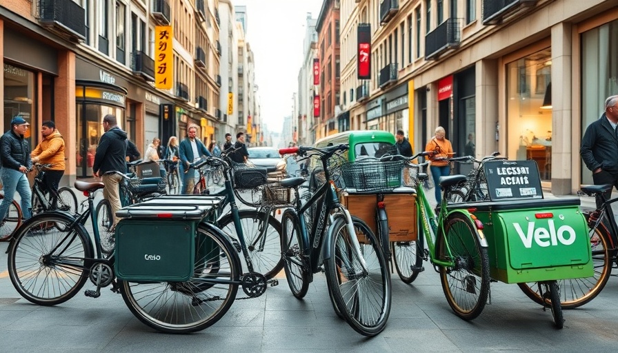 Urban street with cargo bikes and bicycle share initiative, vibrant city scene.