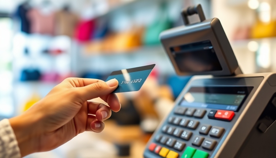 Modern POS system transaction in boutique, customer and cashier hands.