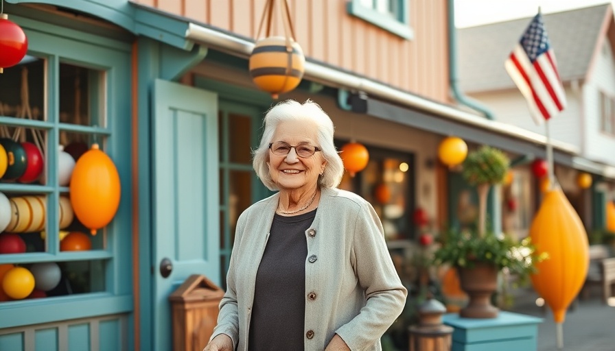 Elderly couple promoting healthy housing and longevity, smiling outside colorful building.
