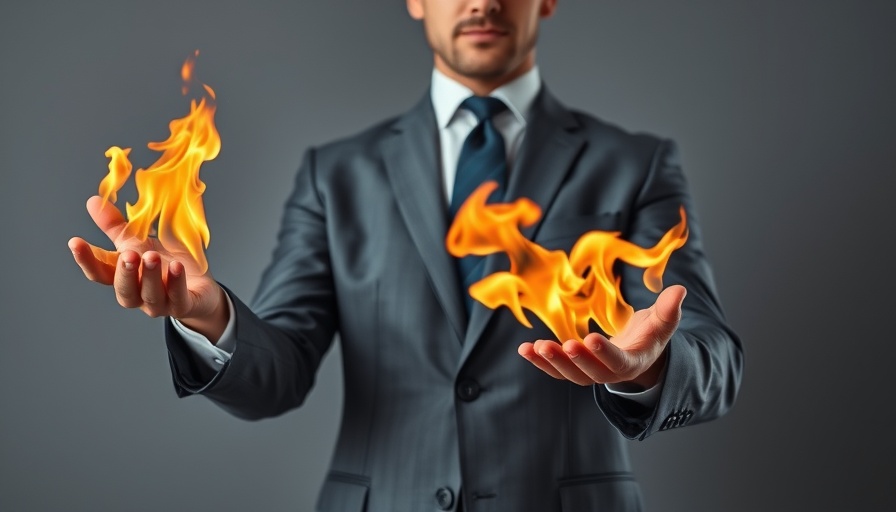Businessman symbolizing drive with flaming hands, compete with hunger not hours.