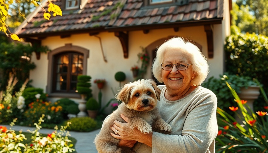 Elderly woman with dog in front of historic Altadena cottage
