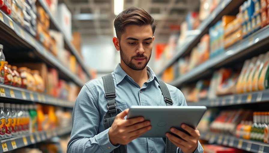 Retail worker using a tablet for inventory management strategies in a supermarket.