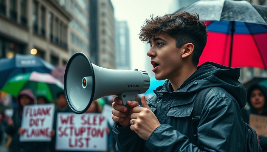 Young man speaks passionately at NYC rent protest in rainy weather.