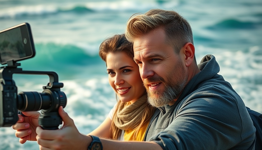 iPhone 17 Pro filmmaking accessories in use by a man and woman by the ocean