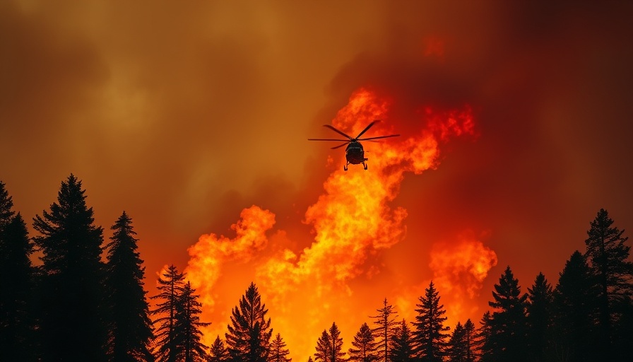 Firefighting helicopter battling intense forest fire