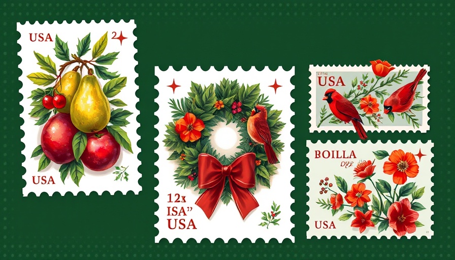 Colorful holiday stamps with festive designs on dark green background.