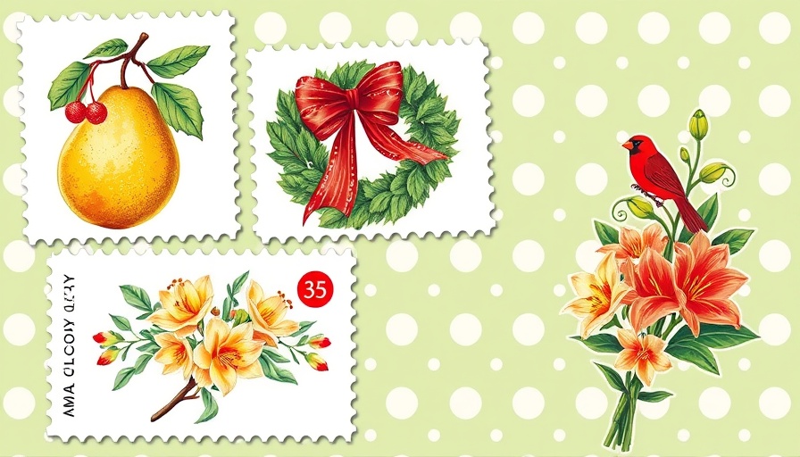 Festive holiday stamps with plants and cardinals, holiday stamps cheer.