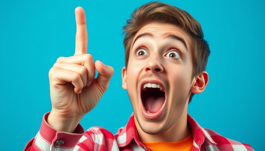 Excited young man pointing upwards, vibrant blue background.