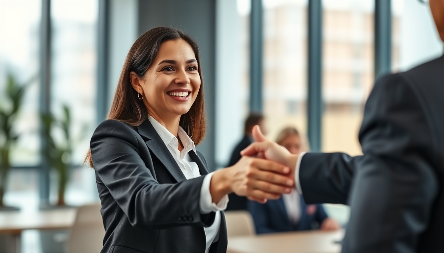 Cheerful woman in office handshake meeting for CloudPay Global Payroll Connect certification.