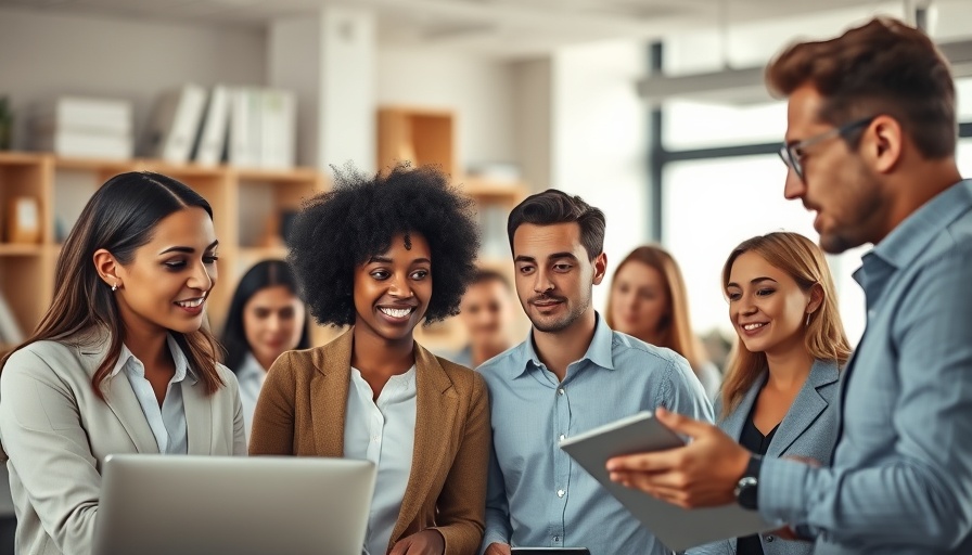 Diverse team collaborating on employee development goals in modern office.