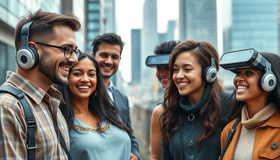 People using real-time speech translation devices in a futuristic cityscape.