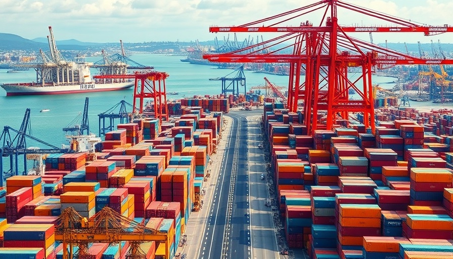 Port with shipping containers and cranes, symbolizing trade and tariffs.