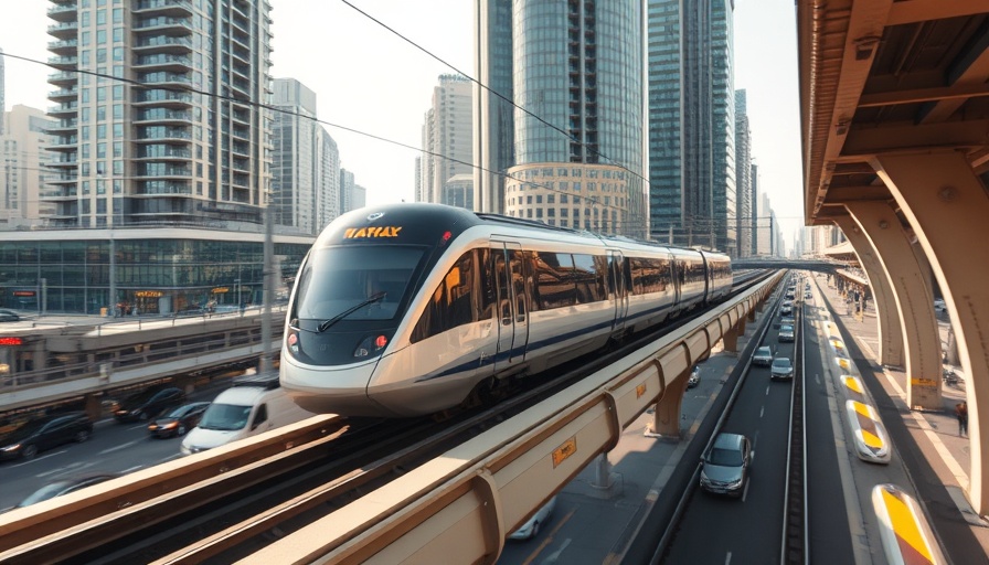 Urban transit-oriented development featuring elevated train and cityscape
