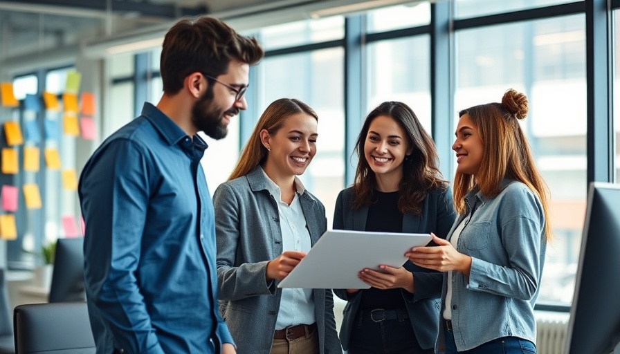 Young professionals checking business name availability on computer.