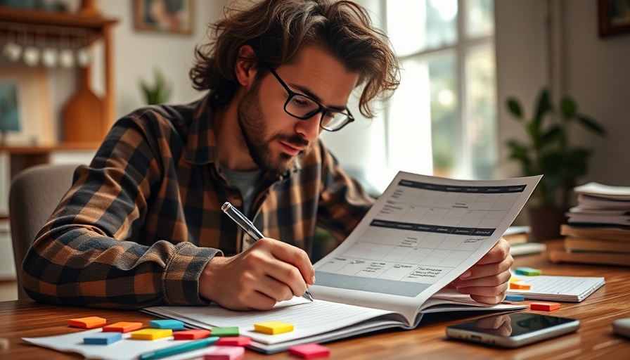 Individual planning a weekly timetable with colorful notes.