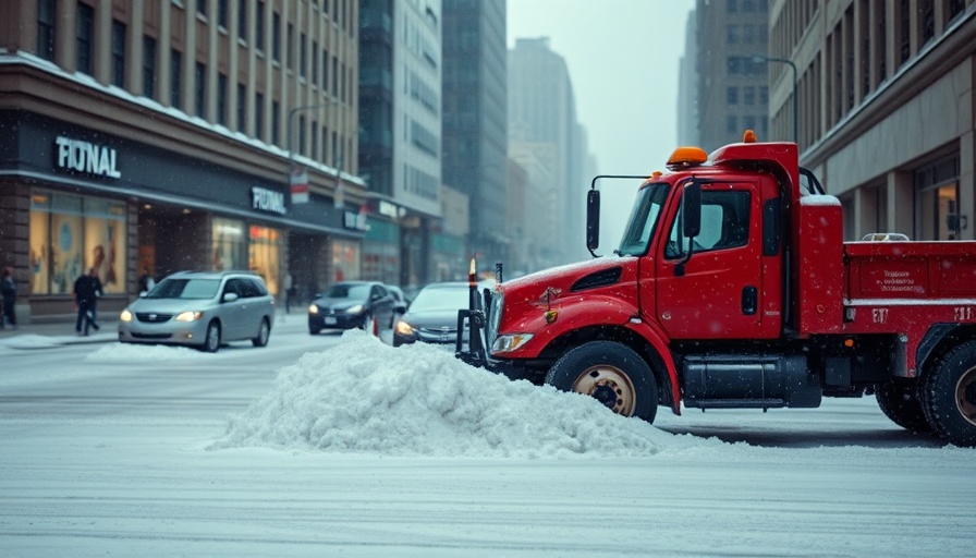 Red snowplow clearing snow on city street, highlighting snow risk insurance.