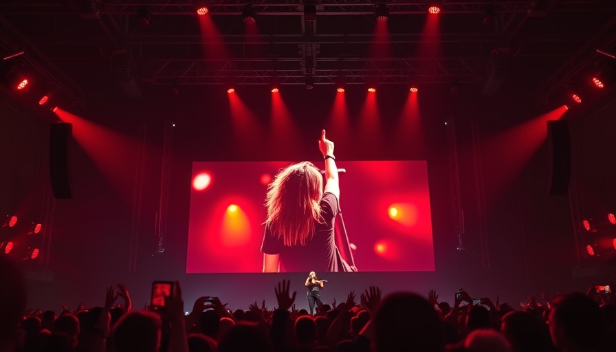 Dynamic concert scene with performer projected on screen, FTC lawsuit Ticketmaster backdrop.