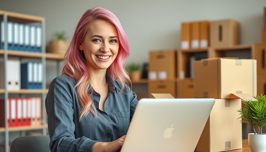Young woman managing online business in office, surrounded by boxes.