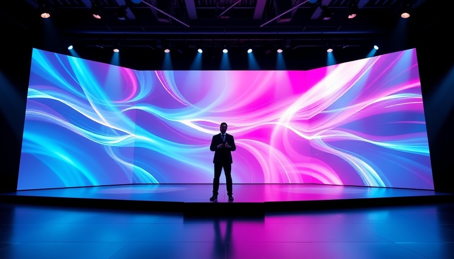 Technology conference stage with vibrant laser display backdrop.