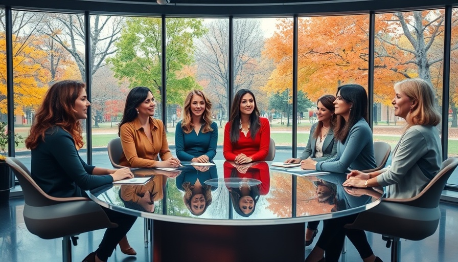 Group of women on a talk show, discussing media censorship threat, vibrant autumn background.