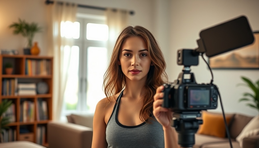 Woman filming fitness tutorial at home, effective training design program.
