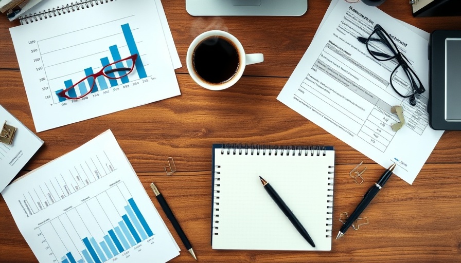 Break even point graph on desk with office items.