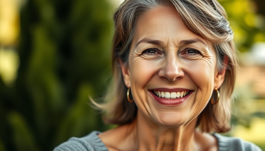 Confident middle-aged woman smiling warmly in an outdoor setting.