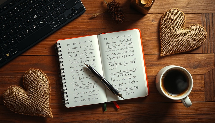 Warm desk setup with notebook of formulas and coffee, illustrating downtime.