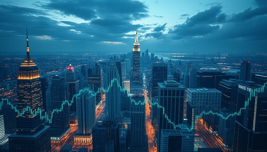 Futuristic financial graph over cityscape representing AI boom in big tech stocks.