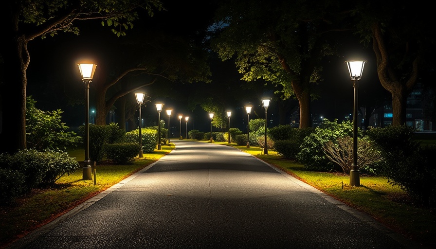 DIY urban lighting solutions on a dimly lit park pathway at night