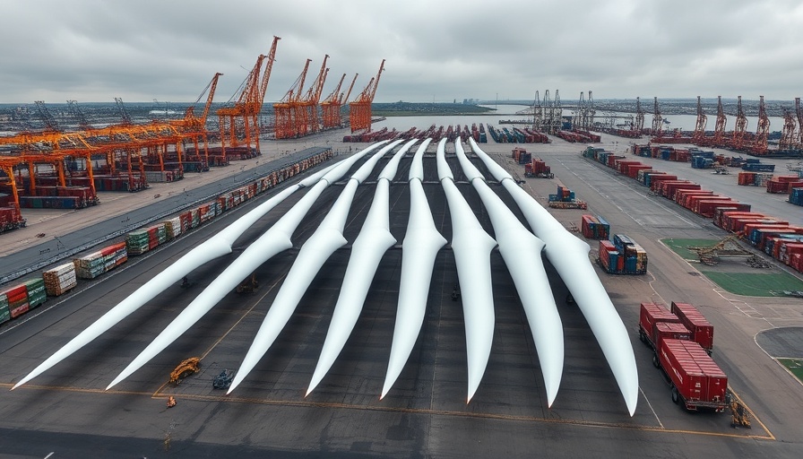 Aerial view of wind turbine blades stored at port, Trump Wind Energy Policy.