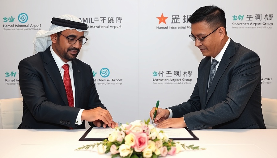 Executives sign partnership between Hamad International Airport and Shenzhen Bao'an Airport, formal setting.