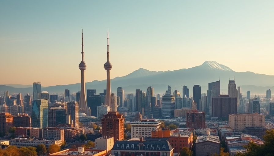 Urban landscape representing green jobs in urban economies with city and mountain.