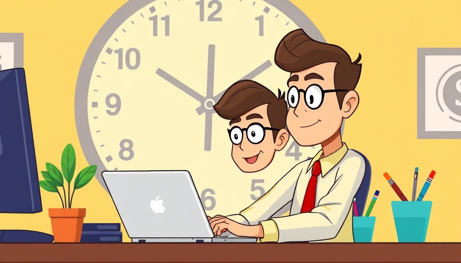 Cartoon of office worker under a giant clock symbolizing Silicon Valley hustle culture.