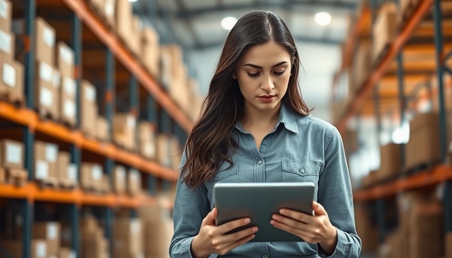 Professional woman using tablet for inventory planning in warehouse.