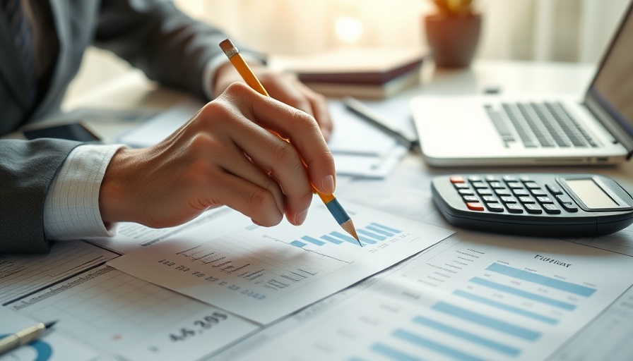 Budget forecast example with documents and calculator on desk.